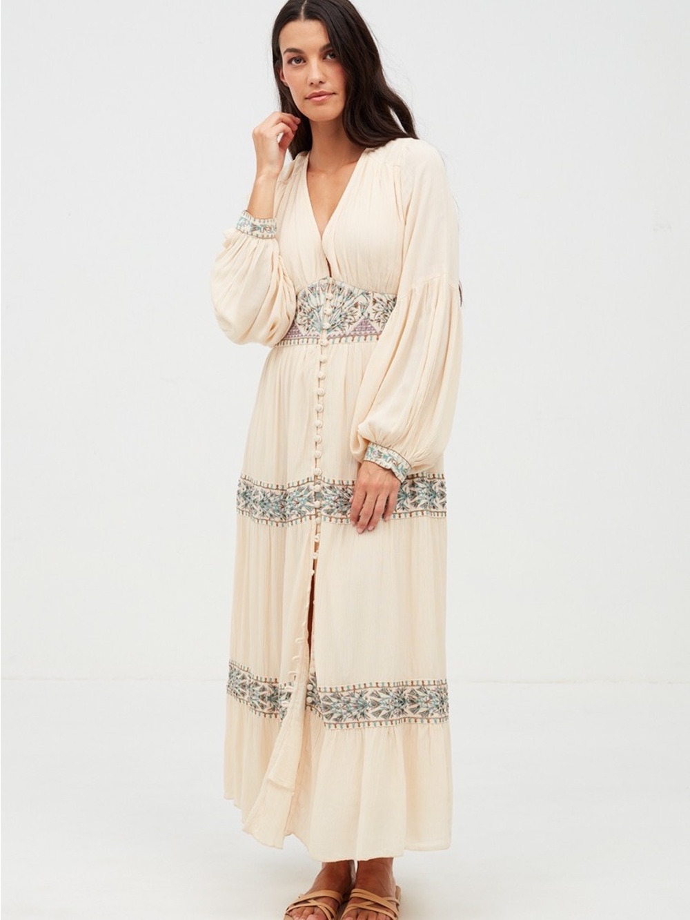 NWT Nekane Boho Embroidered Beaded Cream Maxi Dress Button Down Front Duster S